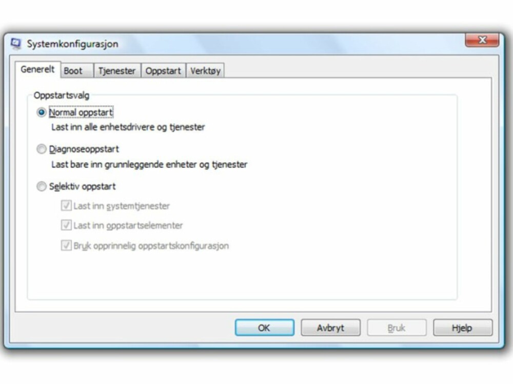 For oppstarten av PC-en kan det gjøres det lett ved å velge en av tre alternativer: Normal, Diagnose eller Selektiv. Under ""oppstart""-fanen har man mer detaljert kontroll over enkeltstående programmer For oppstarten av PC-en kan det gjøres det lett ved å velge en av tre alternativer: Normal, Diagnose eller Selektiv. Under ""oppstart""-fanen har man mer detaljert kontroll over enkeltstående programmer