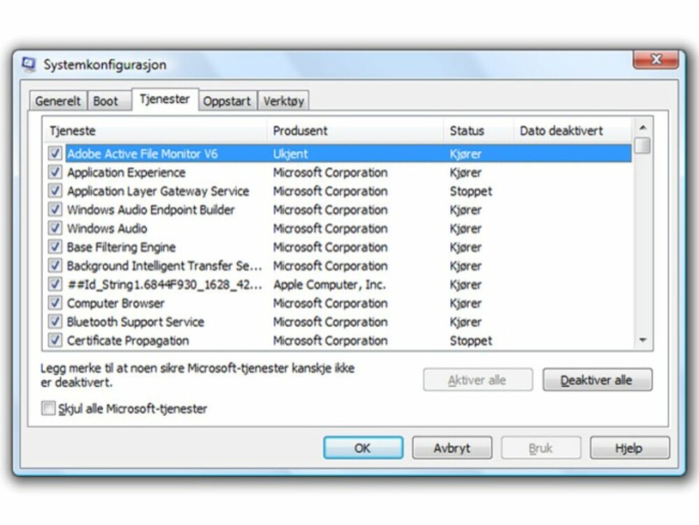 En oversikt over alle tjenester som kjører på PC-en. Denne lista bør leses nøye og programmer som er åpenbar spyware bør absolutt deaktiveres En oversikt over alle tjenester som kjører på PC-en. Denne lista bør leses nøye og programmer som er åpenbar spyware bør absolutt deaktiveres