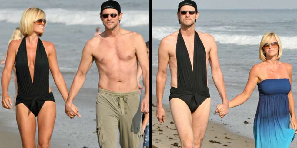 BADEDRAKTPRAKT: Jim Carrey og kjæresten Jenny McCarthy byttet antrekk på stranda i helgen BADEDRAKTPRAKT: Jim Carrey og kjæresten Jenny McCarthy byttet antrekk på stranda i helgen