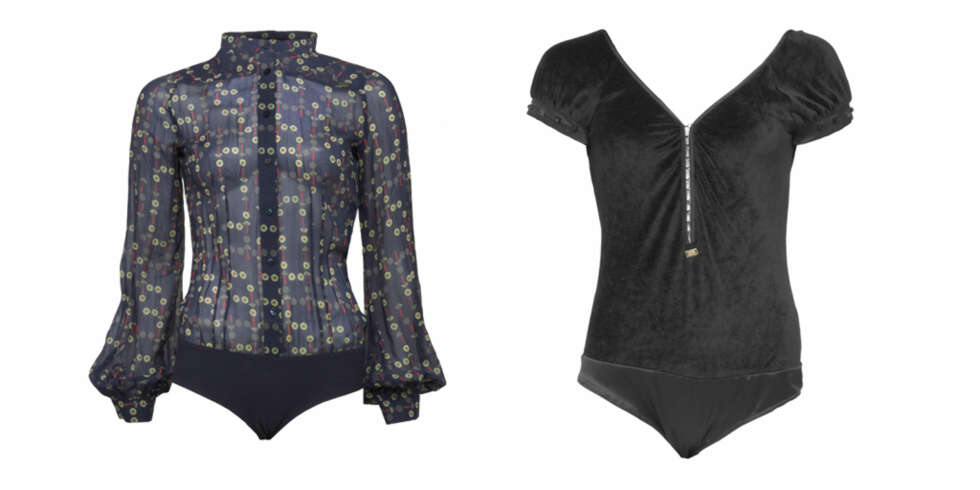 Blåmønstret bluseformet body fra Miss Sixty, kr 1499 og svart fløyelsbody fra Miss Sixty, kr 1399. Blåmønstret bluseformet body fra Miss Sixty, kr 1499 og svart fløyelsbody fra Miss Sixty, kr 1399.