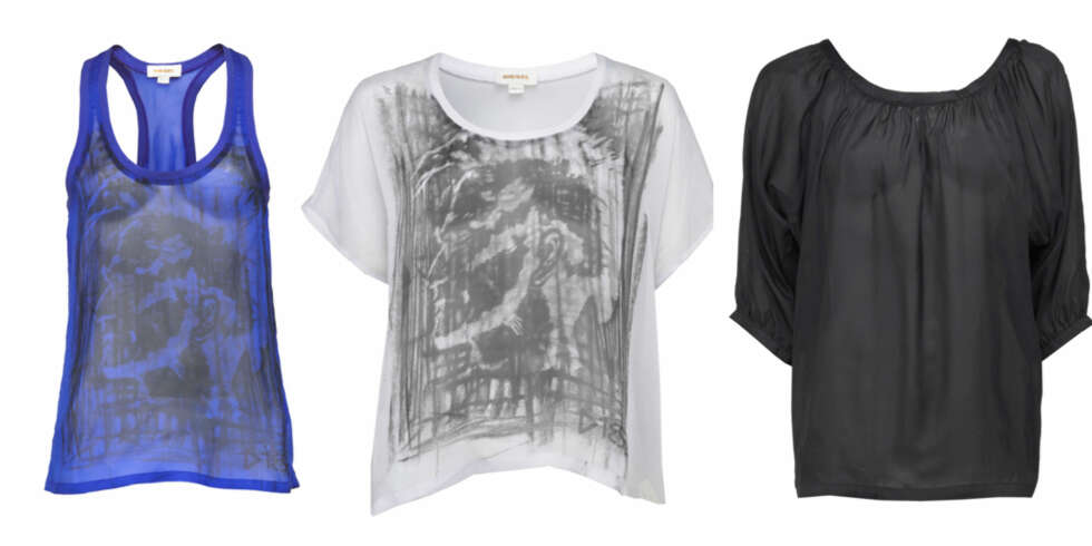 Blå transparent silkesinglet fra Diesel, kr 999, hvit transparent topp med trykk fra Diesel, kr 799 og svart transparent topp fra Mads Nørgaard, kr 1259. Blå transparent silkesinglet fra Diesel, kr 999, hvit transparent topp med trykk fra Diesel, kr 799 og svart transparent topp fra Mads Nørgaard, kr 1259.