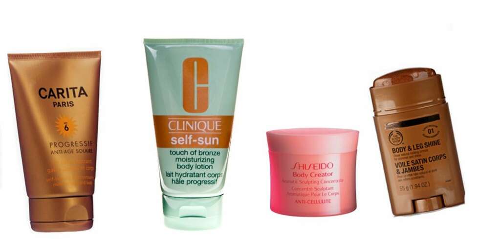 HELE DEG: Shiseido Aromatic Sculpting Concentrate skal gi fast, myk og frisk hud. Kr 550. Clinique Sparkle Skin Body Exfoliator gjør huden silkemyk og ren. Kr 260. Body Shop Body & Leg Shine kan brukes på leggene eller i utringningen, og gir lekker glød og skinn. Kr 229. Clinique Self Sun gir en fin glød og jevn brunfarge. Kr 190. Carita Self Tanning and Contouring Milk for Legs and Body inneholder skimmer, og gir dessuten en varm og fin brunfarge. Kr 625. HELE DEG: Shiseido Aromatic Sculpting Concentrate skal gi fast, myk og frisk hud. Kr 550. Clinique Sparkle Skin Body Exfoliator gjør huden silkemyk og ren. Kr 260. Body Shop Body & Leg Shine kan brukes på leggene eller i utringningen, og gir lekker glød og skinn. Kr 229. Clinique Self Sun gir en fin glød og jevn brunfarge. Kr 190. Carita Self Tanning and Contouring Milk for Legs and Body inneholder skimmer, og gir dessuten en varm og fin brunfarge. Kr 625.