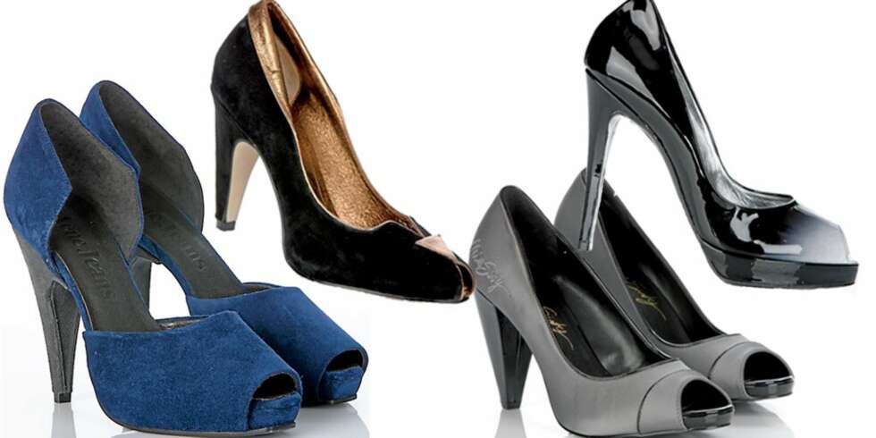 FRA VENSTRE: Blå peeptoes i semsket skinn fra Acne hos Koma (kr 2399), sorte pumps med metalliske detaljer fra Diesel (kr (899), grå peeptoes i sateng fra Miss Sixty hos Shoe Lounge (kr 900), pumps i lakk fra Sand (kr 1650) FRA VENSTRE: Blå peeptoes i semsket skinn fra Acne hos Koma (kr 2399), sorte pumps med metalliske detaljer fra Diesel (kr (899), grå peeptoes i sateng fra Miss Sixty hos Shoe Lounge (kr 900), pumps i lakk fra Sand (kr 1650)