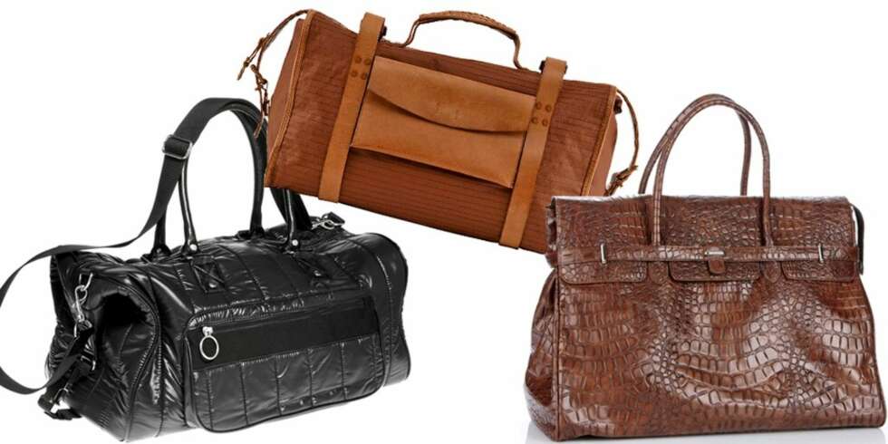 FRA VENSTRE: Sort bag i boblestoff fra H&M, kr 498, brun skinnbag med stropper fra Diesel, kr 4499, weekendbag i imitert crocoskinn fra David Jones, kr 649 FRA VENSTRE: Sort bag i boblestoff fra H&M, kr 498, brun skinnbag med stropper fra Diesel, kr 4499, weekendbag i imitert crocoskinn fra David Jones, kr 649