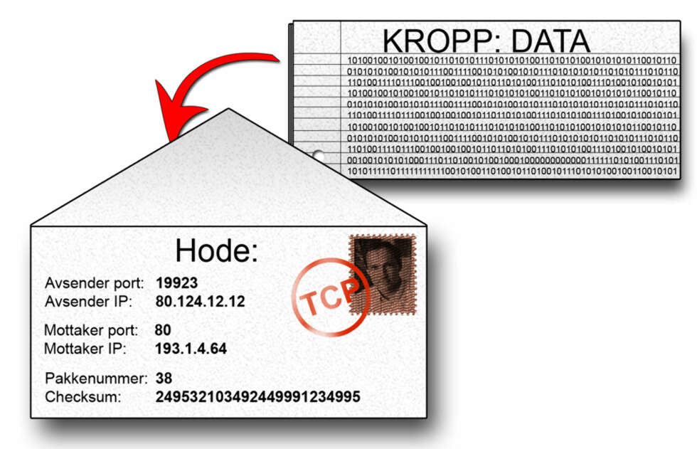 DETTE ER EN PAKKE: En TCP-pakke består av en kropp som er selve innholdet og et hode som forteller hvor og hva pakken inneholder. Se på kroppen som et brev og hodet som konvolutten. Ruterne er da i så fall postvesenet. DETTE ER EN PAKKE: En TCP-pakke består av en kropp som er selve innholdet og et hode som forteller hvor og hva pakken inneholder. Se på kroppen som et brev og hodet som konvolutten. Ruterne er da i så fall postvesenet.