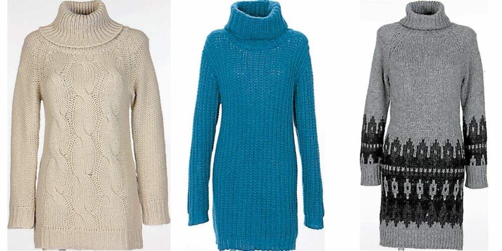FRA VENSTRE: Off-white flettet ullgenser fra Indiska (kr 399), blå genser med hals fra H&M (kr 298), ullgenser med hals fra Minimum (kr 1199) FRA VENSTRE: Off-white flettet ullgenser fra Indiska (kr 399), blå genser med hals fra H&M (kr 298), ullgenser med hals fra Minimum (kr 1199)