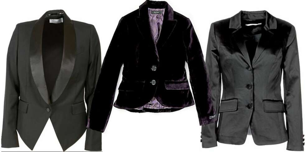 FRA VENSTRE: Sort dressjakke fra Selected (kr 1299), lilla fløyelsblazer fra Sand (kr 3295), sort blank jakke fra Part Two (kr 1299) FRA VENSTRE: Sort dressjakke fra Selected (kr 1299), lilla fløyelsblazer fra Sand (kr 3295), sort blank jakke fra Part Two (kr 1299)