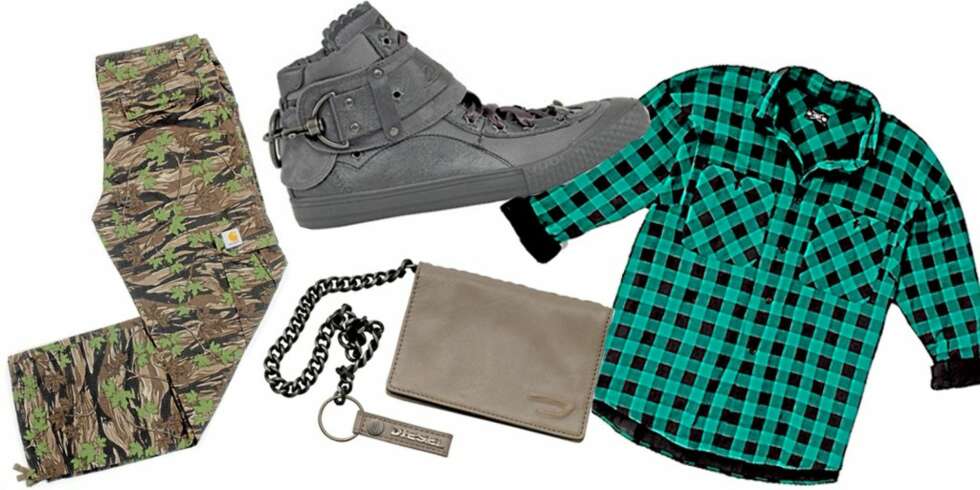FRA VENSTRE: Armybukser fra Carhartt hos Grim (kr 1199), sneakers fra Diesel (kr 899), lommebok med lenke fra Diesel (kr 499), rutete skjorte fra April 77 (kr 1700) FRA VENSTRE: Armybukser fra Carhartt hos Grim (kr 1199), sneakers fra Diesel (kr 899), lommebok med lenke fra Diesel (kr 499), rutete skjorte fra April 77 (kr 1700)
