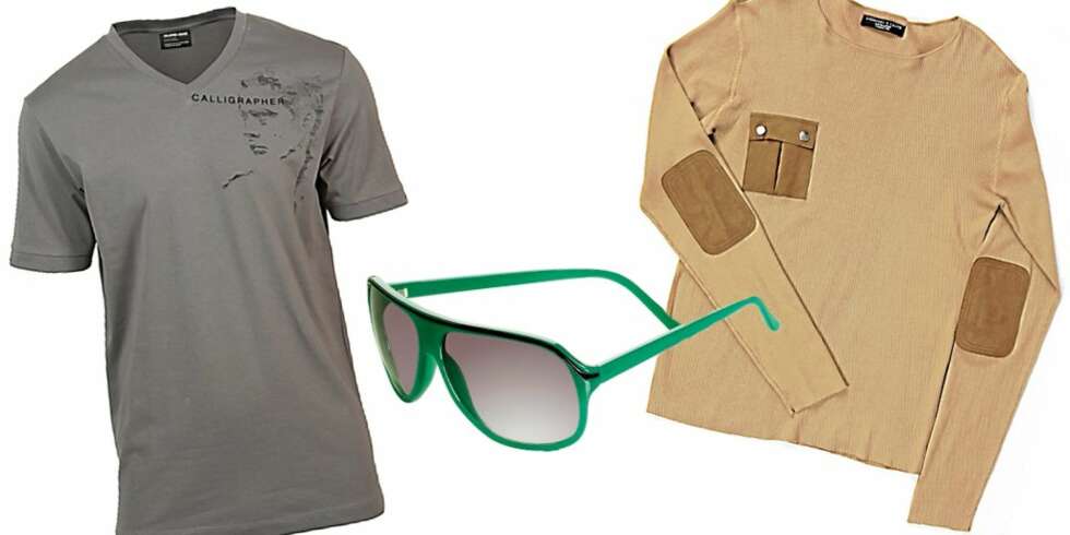FRA VENSTRE: T-skjorte fra Selected (kr 399), briller fra H&M (kr 59,59), beige longsleeve med skinn på albuene fra Andersen & Lauth (kr 1899) FRA VENSTRE: T-skjorte fra Selected (kr 399), briller fra H&M (kr 59,59), beige longsleeve med skinn på albuene fra Andersen & Lauth (kr 1899)