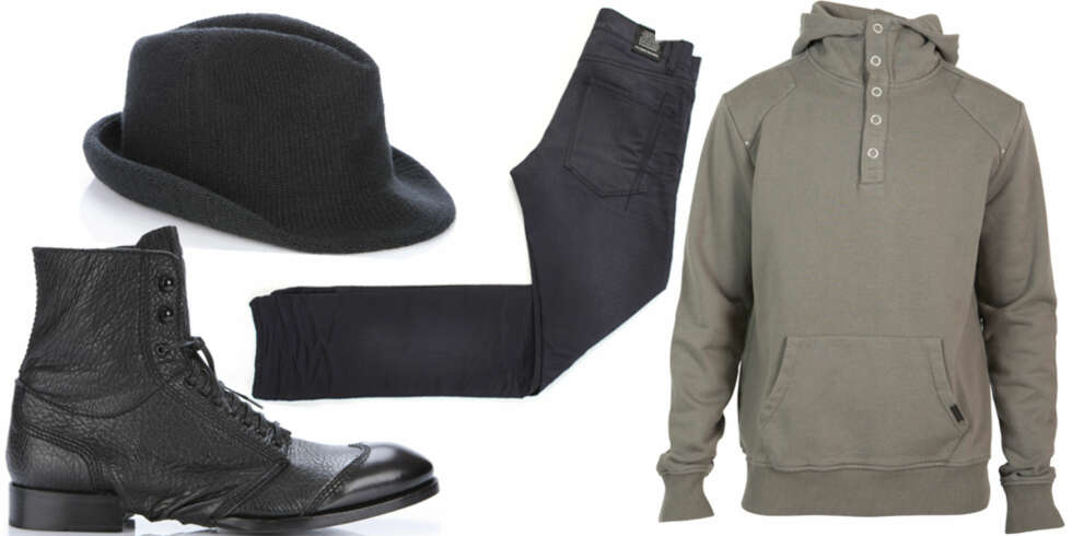 FRA VENSTRE: Støvletter med snøring i mykt skinn fra XO Sand, kr 4999, hatt fra Tommy Hilfiger, kr 900, sorte jeans fra Fifth Avenue Shoe Repair, kr 1999, hettegenser med knapper i halsen fra Selected, kr 699 FRA VENSTRE: Støvletter med snøring i mykt skinn fra XO Sand, kr 4999, hatt fra Tommy Hilfiger, kr 900, sorte jeans fra Fifth Avenue Shoe Repair, kr 1999, hettegenser med knapper i halsen fra Selected, kr 699