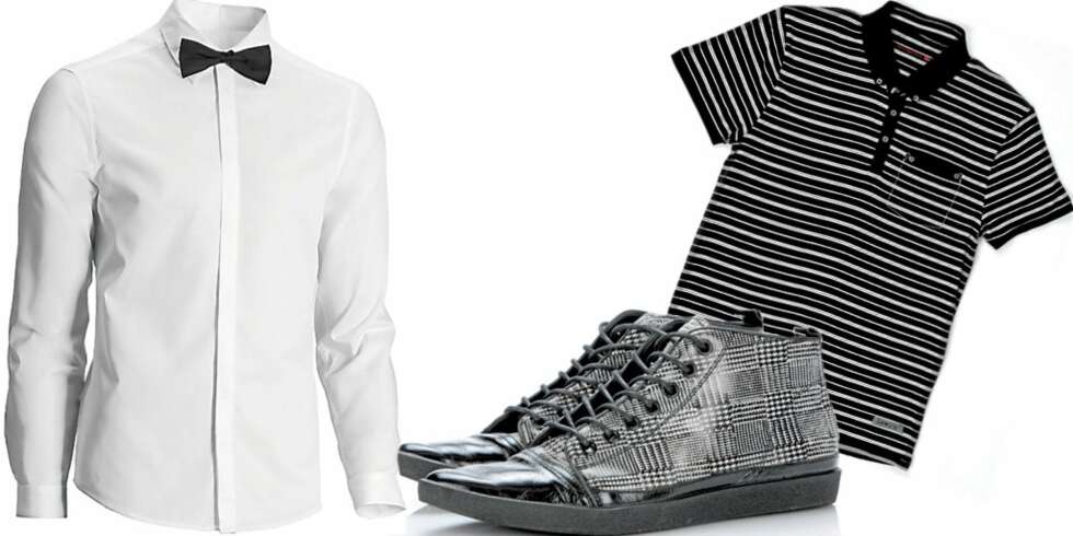 FRA VENSTRE: Hvit skjorte med sløyfe fra H&M (kr 298), rutete sneakers fra Vagabond (kr 749), svart og hvit piqué t-skjorte fra Levis (kr 599) FRA VENSTRE: Hvit skjorte med sløyfe fra H&M (kr 298), rutete sneakers fra Vagabond (kr 749), svart og hvit piqué t-skjorte fra Levis (kr 599)