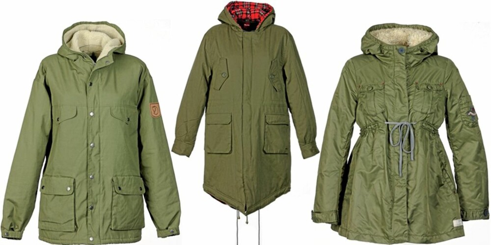 FRA VENSTRE: Parkas med for i nylon fra Fjellreven hos Grim (kr 1999), parkas med rødrutet for fra Merc hos Grim (kr 999), parkas med snøring i livet fra Odd Molly (kr 2050) FRA VENSTRE: Parkas med for i nylon fra Fjellreven hos Grim (kr 1999), parkas med rødrutet for fra Merc hos Grim (kr 999), parkas med snøring i livet fra Odd Molly (kr 2050)