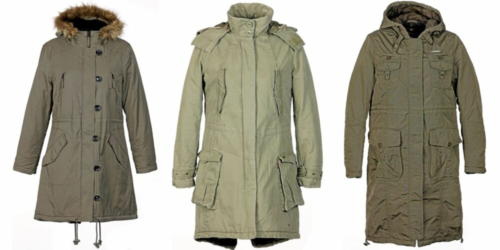 FRA VENSTRE: Parkas med pels i nylon i hetten og mykt for fra Oasis (kr 1299), parkas fra Levi`s med avtagbar hette (kr 1999), parkas fra Replay hos Koma (kr 2599) FRA VENSTRE: Parkas med pels i nylon i hetten og mykt for fra Oasis (kr 1299), parkas fra Levi`s med avtagbar hette (kr 1999), parkas fra Replay hos Koma (kr 2599)