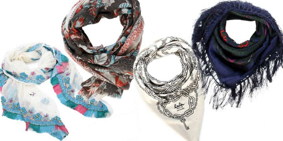 FRA VENSTRE: Håndbrodert skjerf fra Vadumsrum (kr 2500), skjerf med blomstertrykk fra Epice hos Fresh (kr 1199), cashmere skjerf fra Lala Berlin hos Ma (kr 2700), blått skjerf i folklore-stil fra Gina Tricot (kr 149) FRA VENSTRE: Håndbrodert skjerf fra Vadumsrum (kr 2500), skjerf med blomstertrykk fra Epice hos Fresh (kr 1199), cashmere skjerf fra Lala Berlin hos Ma (kr 2700), blått skjerf i folklore-stil fra Gina Tricot (kr 149)