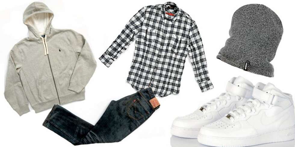 FRA VENSTRE: Grå collegejakke fra Polo Ralph Lauren hos Tatler (kr 1199), Levis 501 xx (kr 1899), rutete skjorte fra Diesel Black Gold hos Tatler (kr 1199), Nike Air hos Grim (kr 1099), lue i ull og angora fra Lifetime hos Grim (kr 399) FRA VENSTRE: Grå collegejakke fra Polo Ralph Lauren hos Tatler (kr 1199), Levis 501 xx (kr 1899), rutete skjorte fra Diesel Black Gold hos Tatler (kr 1199), Nike Air hos Grim (kr 1099), lue i ull og angora fra Lifetime hos Grim (kr 399)