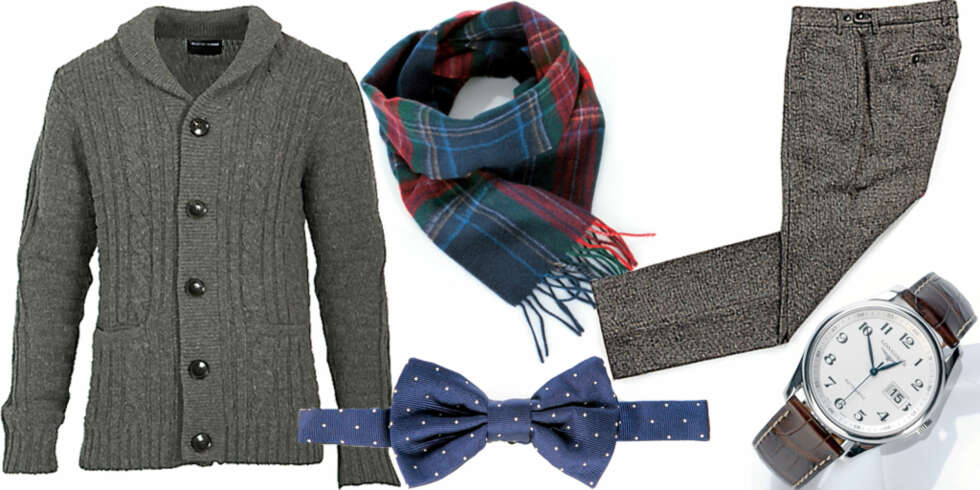 FRA VENSTRE: Strikket ullcardigan fra Selected (kr 1399), sløyfe fra Fifth Avenue Shoe Repair hos Koma (kr 1399), ullskjerf fra These Glory Days (kr 249), tweedbukser fra Gant (kr 1300), herreur med skinnrem fra Longines (kr 17900) FRA VENSTRE: Strikket ullcardigan fra Selected (kr 1399), sløyfe fra Fifth Avenue Shoe Repair hos Koma (kr 1399), ullskjerf fra These Glory Days (kr 249), tweedbukser fra Gant (kr 1300), herreur med skinnrem fra Longines (kr 17900)