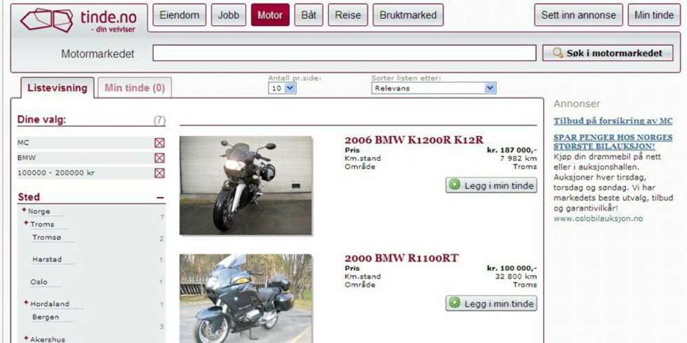 LITE BMW: Tinde har stort annonsevolum. Likevel finner vi få utbud av årets mest solgt BMW for tiden, R1200GS, verken her eller hos andre. LITE BMW: Tinde har stort annonsevolum. Likevel finner vi få utbud av årets mest solgt BMW for tiden, R1200GS, verken her eller hos andre.