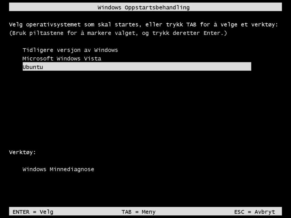 TRIPPEL-BOOT: Her har vi installert Ubuntu fra Windows, slik at det har underordnet seg Windows sin oppstartsvelger, sammen med Windows XP og Windows Vista. TRIPPEL-BOOT: Her har vi installert Ubuntu fra Windows, slik at det har underordnet seg Windows sin oppstartsvelger, sammen med Windows XP og Windows Vista.