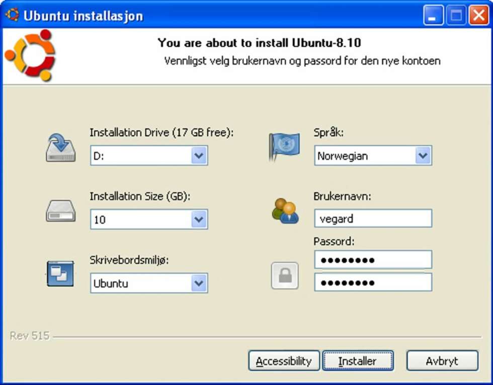ALTERNATIVER: Velg hvor du vil installere Ubuntu. At menyen er delvis norsk og delvis engelsk, får du bare ignorere. ALTERNATIVER: Velg hvor du vil installere Ubuntu. At menyen er delvis norsk og delvis engelsk, får du bare ignorere.