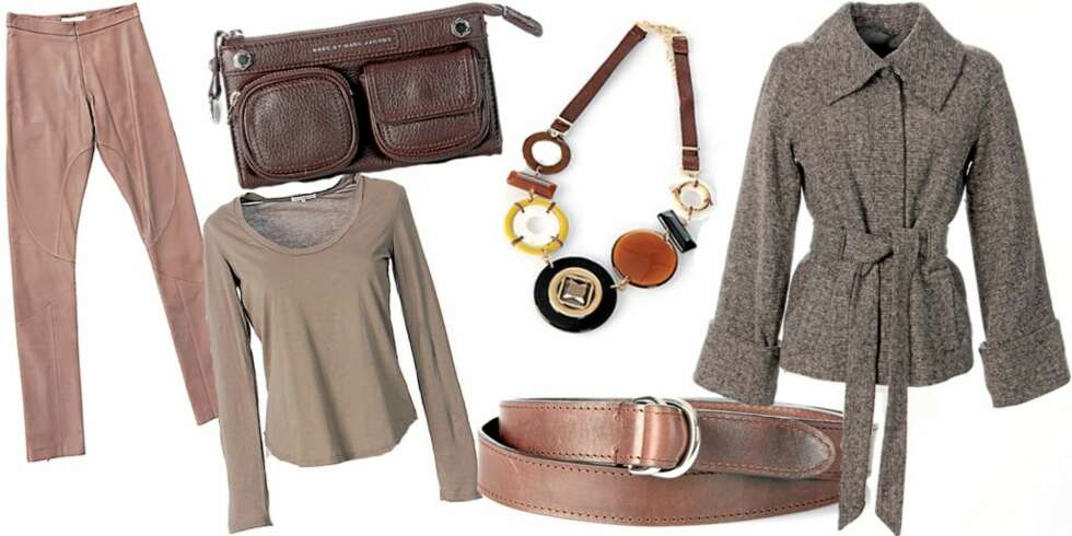 FRA VENSTRE: Skinnbukser fra By Marlene Birger hos Den Dama (kr 3999), lysebrun longsleeve fra James Perse hos Den Dama (kr 799), lommebok fra Marc By Marc Jacobs hos Den Dama (1699), kjede i artdeco-stil fra Oasis (kr 250), skinnbelte fra Whyred hos Koma (kr 1199), kort ullkåpe fra Oasis, (kr 1149) FRA VENSTRE: Skinnbukser fra By Marlene Birger hos Den Dama (kr 3999), lysebrun longsleeve fra James Perse hos Den Dama (kr 799), lommebok fra Marc By Marc Jacobs hos Den Dama (1699), kjede i artdeco-stil fra Oasis (kr 250), skinnbelte fra Whyred hos Koma (kr 1199), kort ullkåpe fra Oasis, (kr 1149)