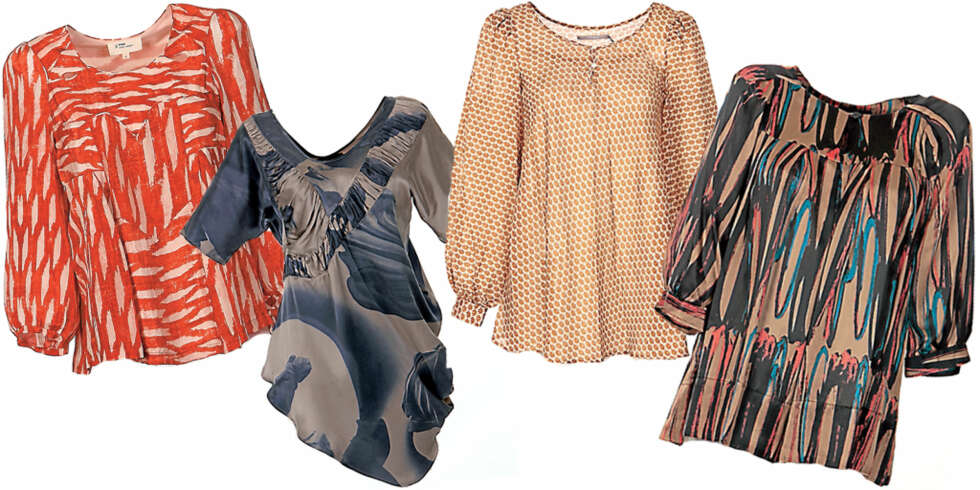 FRA VENSTRE: Stripete bluse fra Etoile Isabel Marant hos Kemt (kr 1980), asymetrisk bluse fra Diana Oring hos Tatler (kr 1599), blomstrete rustorange bluse fra Inwear hos Companys (kr 800), mønstret silkebluse fra Bruuns Bazaar hos Companys (kr 1800) FRA VENSTRE: Stripete bluse fra Etoile Isabel Marant hos Kemt (kr 1980), asymetrisk bluse fra Diana Oring hos Tatler (kr 1599), blomstrete rustorange bluse fra Inwear hos Companys (kr 800), mønstret silkebluse fra Bruuns Bazaar hos Companys (kr 1800)