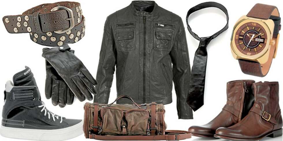FRA VENSTRE: Sneakers i skinn fra Diesel (kr 999), skinnbelte med nagler fra We Are Replay (kr 1399), skinnhansker fra Tiger hos Companys (kr 699), brun skinnbag fra Diesel (kr 3599), skinnjakke fra
Selected (kr 1299), sort slips fra Mike&Chris hos Koma (kr 1499), ankelstøvler med spenne fra Paul Smith hos Companys (kr 3499), klokke fra Diesel (kr 1349) FRA VENSTRE: Sneakers i skinn fra Diesel (kr 999), skinnbelte med nagler fra We Are Replay (kr 1399), skinnhansker fra Tiger hos Companys (kr 699), brun skinnbag fra Diesel (kr 3599), skinnjakke fra
Selected (kr 1299), sort slips fra Mike&Chris hos Koma (kr 1499), ankelstøvler med spenne fra Paul Smith hos Companys (kr 3499), klokke fra Diesel (kr 1349)