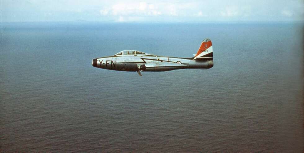 VETERAN: ET sjeldent bilde av Thunderjeten til Per Kjendlie da han var pilot i 331-skvadronen sent på 1950-talet. VETERAN: ET sjeldent bilde av Thunderjeten til Per Kjendlie da han var pilot i 331-skvadronen sent på 1950-talet.