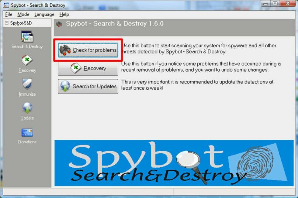 1: SPYBOT SEARCH AND DESTROY: Når du åpner Spybot SogD får du denne hjemmeskjermen. Her klikker man enkelt på «Check for problems». 1: SPYBOT SEARCH AND DESTROY: Når du åpner Spybot SogD får du denne hjemmeskjermen. Her klikker man enkelt på «Check for problems».