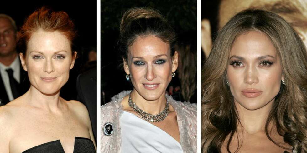 ANSIKTSFORMER: Vi er alle ulike. Se bare på Julianne Moore, Sarah Jessica Parker og Jennifer Lopez. Legg merke til at Parker skyggelegger lang panne og nesetippen (forkorter lang nese) og at Lopez smalner nesen ved bruk av lys og skygge. ANSIKTSFORMER: Vi er alle ulike. Se bare på Julianne Moore, Sarah Jessica Parker og Jennifer Lopez. Legg merke til at Parker skyggelegger lang panne og nesetippen (forkorter lang nese) og at Lopez smalner nesen ved bruk av lys og skygge.