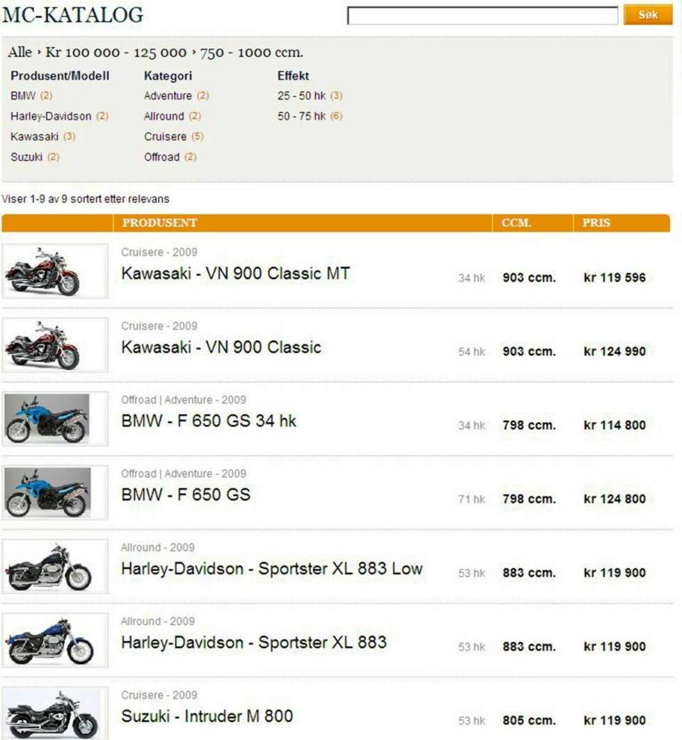 OVERSIKT: I dette søket er det 9 sykler mellom 750 og 1000 kubikk ¿ og dem ser du med ett blikk. OVERSIKT: I dette søket er det 9 sykler mellom 750 og 1000 kubikk ¿ og dem ser du med ett blikk.