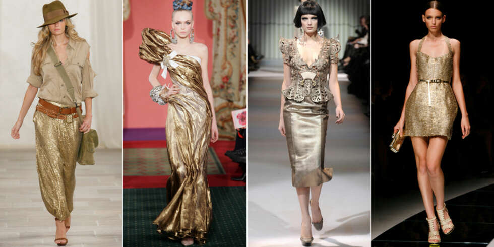SKAPER TRENDENE: Ralph Lauren, Christian Lacroix, Giorgio Armani og Gianni Versace er med på å skape den skinnende gulltrenden. Her fra deres respektive vårvisninger. SKAPER TRENDENE: Ralph Lauren, Christian Lacroix, Giorgio Armani og Gianni Versace er med på å skape den skinnende gulltrenden. Her fra deres respektive vårvisninger.