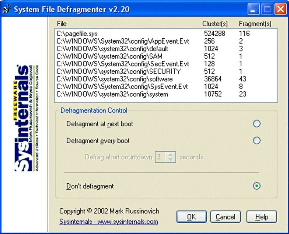 DYPERE DEFRAGMENTERING: PageDefrag defragmenterer filer som Windows ellers ikke klarer å defragmentere. (www.sysinternals.com) DYPERE DEFRAGMENTERING: PageDefrag defragmenterer filer som Windows ellers ikke klarer å defragmentere. (www.sysinternals.com)