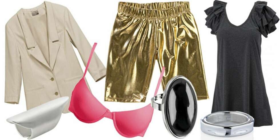 FRA VENSTRE: Blazer fra H&M (kr 498), ring fra H&M (kr 149), bh fra Ellos (kr 99), sykkelshorts fra Gina Tricot (kr 149), ring med svart stein fra KappAhl (kr 69,90), sølvring fra Efva Attling (kr 890), tunika med store skuldre fra Gina Tricot (kr 199). FRA VENSTRE: Blazer fra H&M (kr 498), ring fra H&M (kr 149), bh fra Ellos (kr 99), sykkelshorts fra Gina Tricot (kr 149), ring med svart stein fra KappAhl (kr 69,90), sølvring fra Efva Attling (kr 890), tunika med store skuldre fra Gina Tricot (kr 199).
