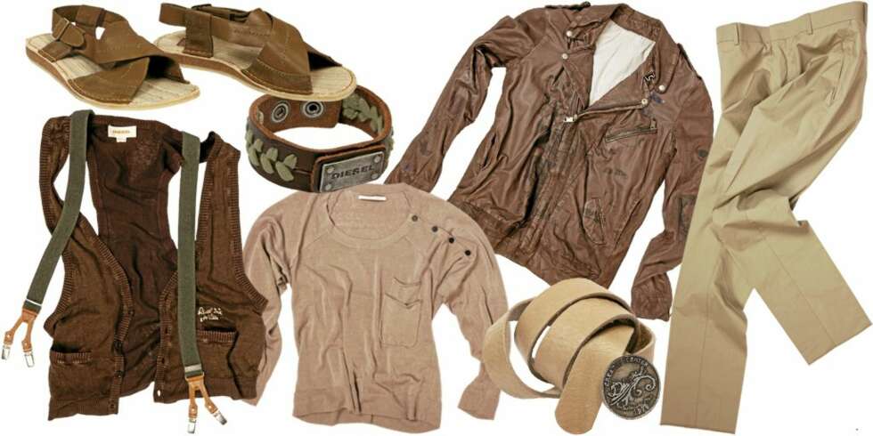 FRA VENSTRE: Vest fra Diesel (kr 600), bukseseler fra Diesel (kr 299), sandaler fra Clarks Original (kr 949), genser fra Fifth Avenue (kr 2199), armbånd fra Diesel (kr 229), skinnjakke fra Diesel Black Gold (kr 7699), belte fra Diesel (kr 229), bukser fra Whyred (kr 1299). FRA VENSTRE: Vest fra Diesel (kr 600), bukseseler fra Diesel (kr 299), sandaler fra Clarks Original (kr 949), genser fra Fifth Avenue (kr 2199), armbånd fra Diesel (kr 229), skinnjakke fra Diesel Black Gold (kr 7699), belte fra Diesel (kr 229), bukser fra Whyred (kr 1299).