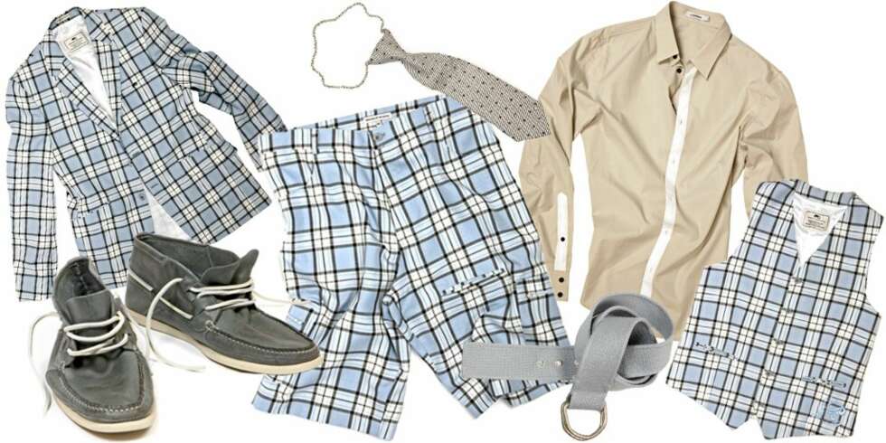 FRA VENSTRE: Dressjakke fra Moods of Norway (kr 3199), sko fra Bianco (kr 900), dresshorts fra Moods of Norway (kr 1199), slipssmykke fra Diesel (kr 299), belte gra Gant (kr 299), skjorte fra Lindeberg (kr 899), vest fra Moods of Norway (kr 999). FRA VENSTRE: Dressjakke fra Moods of Norway (kr 3199), sko fra Bianco (kr 900), dresshorts fra Moods of Norway (kr 1199), slipssmykke fra Diesel (kr 299), belte gra Gant (kr 299), skjorte fra Lindeberg (kr 899), vest fra Moods of Norway (kr 999).