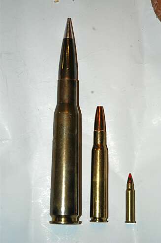 BITTE LITEN, NORMAL OG VOLDSOM: .17 Hornady er en av de minste kommersielle patronene, .30-06 er den mest brukte elgpatronen i Norge, .50 er den største. BITTE LITEN, NORMAL OG VOLDSOM: .17 Hornady er en av de minste kommersielle patronene, .30-06 er den mest brukte elgpatronen i Norge, .50 er den største.