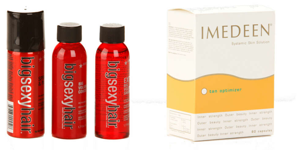 REISEKLAR: Big Sexy Hair Reisepakke med sjampo, balsam og hårspray, kr 149. Imedeen Tan Optimizer, kr 430. REISEKLAR: Big Sexy Hair Reisepakke med sjampo, balsam og hårspray, kr 149. Imedeen Tan Optimizer, kr 430.