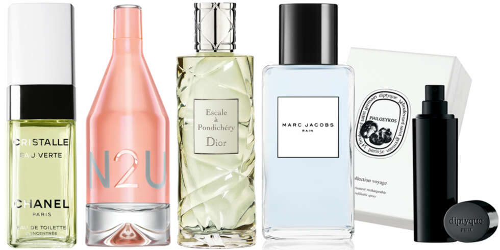 FRA VENSTRE: Chanel Cristalle Eau Verte (kr 765/100 ml), CK In2U Heat (kr 399/100 ml), Dior Escale à Pondichéry (kr 565/75 ml), Marc Jacobs Plash Rain (kr 585/300 ml), Diptyque Philosykos (kr 820/3x12 ml). FRA VENSTRE: Chanel Cristalle Eau Verte (kr 765/100 ml), CK In2U Heat (kr 399/100 ml), Dior Escale à Pondichéry (kr 565/75 ml), Marc Jacobs Plash Rain (kr 585/300 ml), Diptyque Philosykos (kr 820/3x12 ml).