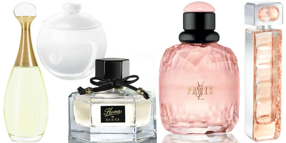 FRA VENSTRE: Dior J'Adore L'Eau (kr 615/75 ml), Cacharel Noa Dream (kr 315/50 ml), Gucci Flora (kr 615/50 ml), YSL Paris Eau de Printemps (kr 425/125 ml), Boss Orange (kr 510/50 ml). FRA VENSTRE: Dior J'Adore L'Eau (kr 615/75 ml), Cacharel Noa Dream (kr 315/50 ml), Gucci Flora (kr 615/50 ml), YSL Paris Eau de Printemps (kr 425/125 ml), Boss Orange (kr 510/50 ml).