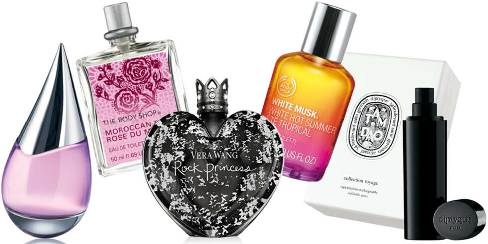 FRA VENSTRE: La Prairie Silver Rain Sheer Mist (kr 850/50 ml), The Body Shop Morrocan Rose (kr 259/50 ml), Vera Wang Rock Princess (kr 495/50 ml), The Body Shop White Musk Hot Summer (kr 159/30 ml), Diptyque Tam Dao (kr 820/3x12 ml). FRA VENSTRE: La Prairie Silver Rain Sheer Mist (kr 850/50 ml), The Body Shop Morrocan Rose (kr 259/50 ml), Vera Wang Rock Princess (kr 495/50 ml), The Body Shop White Musk Hot Summer (kr 159/30 ml), Diptyque Tam Dao (kr 820/3x12 ml).