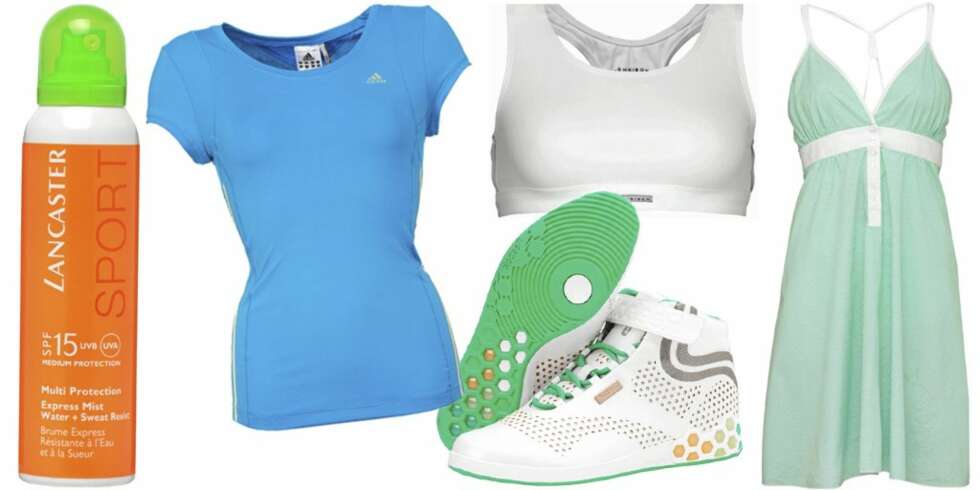 FRA VENSTRE: Vannfast solkrem fra Lancaster Sport (kr 285), T-skjorte fra Adidas (kr 450), basketsko fra Reebok (kr 1200), sports-bh fra Rönisch (kr 299), kjole fra Gant (kr 1100). FRA VENSTRE: Vannfast solkrem fra Lancaster Sport (kr 285), T-skjorte fra Adidas (kr 450), basketsko fra Reebok (kr 1200), sports-bh fra Rönisch (kr 299), kjole fra Gant (kr 1100).