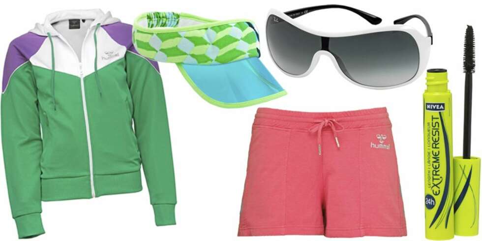 FRA VENSTRE: Treningsjakke fra Hummel (kr 700), solskjerm fra H&M (kr 49,50), shorts fra Hummel (kr 350), solbriller fra Ray Ban (kr 1175), vannfast maskara fra Nivea (kr 149). FRA VENSTRE: Treningsjakke fra Hummel (kr 700), solskjerm fra H&M (kr 49,50), shorts fra Hummel (kr 350), solbriller fra Ray Ban (kr 1175), vannfast maskara fra Nivea (kr 149).