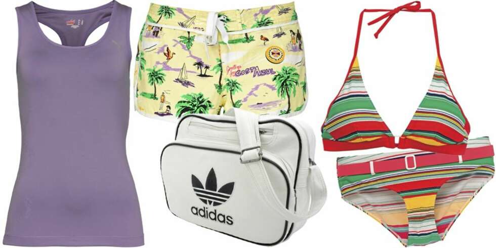 FRA VENSTRE: Singelt fra Puma (kr 500), shorts fra H&M (kr 149), sportsbag fra Adidas (kr 299), bikini fra KappAhl (overdel kr 129, underdel kr 99). FRA VENSTRE: Singelt fra Puma (kr 500), shorts fra H&M (kr 149), sportsbag fra Adidas (kr 299), bikini fra KappAhl (overdel kr 129, underdel kr 99).