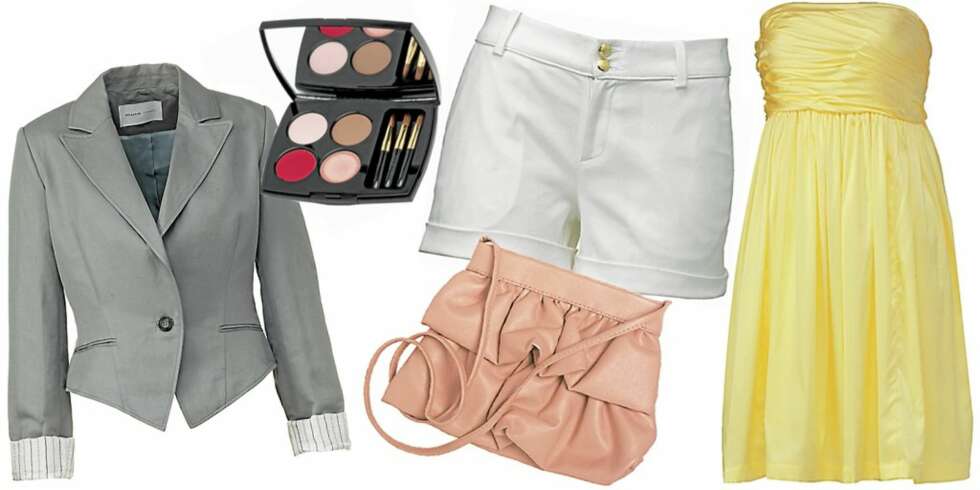 FRA VENSTRE: Kort dressjakke fra Selected Femme (kr 799), Juicy Rouge Palette fra Lancôme til elpper og kinn (kr 350), veske fra H&M (kr 129), shorts fra Lindex (kr 249), kjole fra Samsøe & Samsøe (kr 1000). FRA VENSTRE: Kort dressjakke fra Selected Femme (kr 799), Juicy Rouge Palette fra Lancôme til elpper og kinn (kr 350), veske fra H&M (kr 129), shorts fra Lindex (kr 249), kjole fra Samsøe & Samsøe (kr 1000).