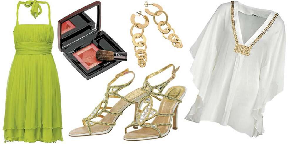 FRA VENSTRE: KJole fra Leila Hafzi (kr 3499), Blush i fargen Coral Riviera fra Dior Bronze (kr 365), sandaler fra Baby Phat/Grændsen Skotøimagazin (kr 1049), øredobber fra Dyrberg/Kern (kr 525), tunika fra Gina Tricot (kr 299). FRA VENSTRE: KJole fra Leila Hafzi (kr 3499), Blush i fargen Coral Riviera fra Dior Bronze (kr 365), sandaler fra Baby Phat/Grændsen Skotøimagazin (kr 1049), øredobber fra Dyrberg/Kern (kr 525), tunika fra Gina Tricot (kr 299).