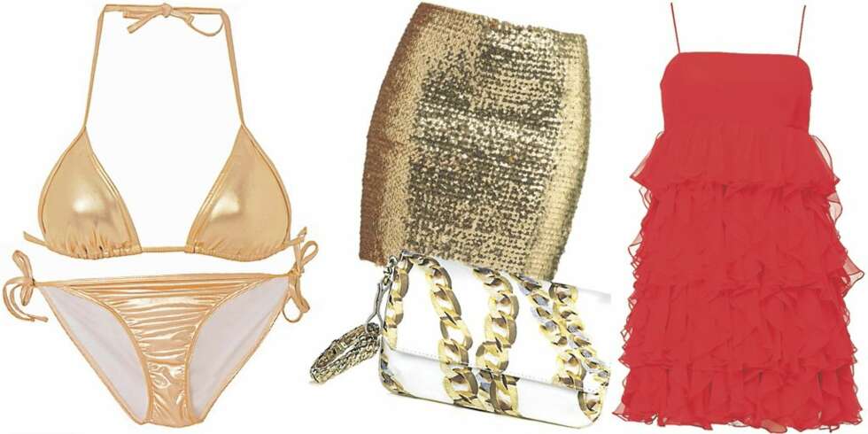 FRA VENSTRE: Bikini fra Bik Bok (kr 129 pr. del), veske fra Roberto Cavalli/net-a-porter (ca. kr 6000), skjørt fra Gina Tricot (kr 249), kjole fra Juicy Couture (kr 4999). FRA VENSTRE: Bikini fra Bik Bok (kr 129 pr. del), veske fra Roberto Cavalli/net-a-porter (ca. kr 6000), skjørt fra Gina Tricot (kr 249), kjole fra Juicy Couture (kr 4999).