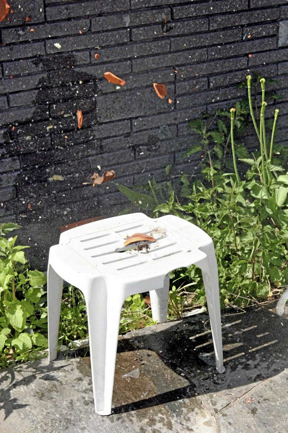 KANONSKUDD: Det er bare småbiter igjen av blomsterpotta etter at poteten har truffet. KANONSKUDD: Det er bare småbiter igjen av blomsterpotta etter at poteten har truffet.