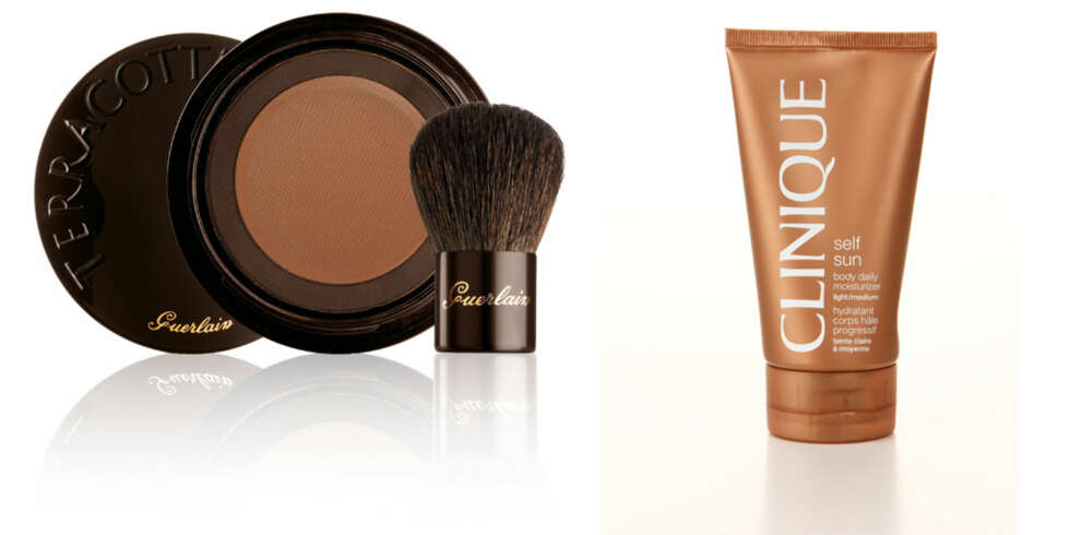 FRA VENSTRE: Guerlain Terracotta mineral flawless bronzing powder med kost, kr 535. Clinique Self sun body daily moisturizer, kr 210. FRA VENSTRE: Guerlain Terracotta mineral flawless bronzing powder med kost, kr 535. Clinique Self sun body daily moisturizer, kr 210.