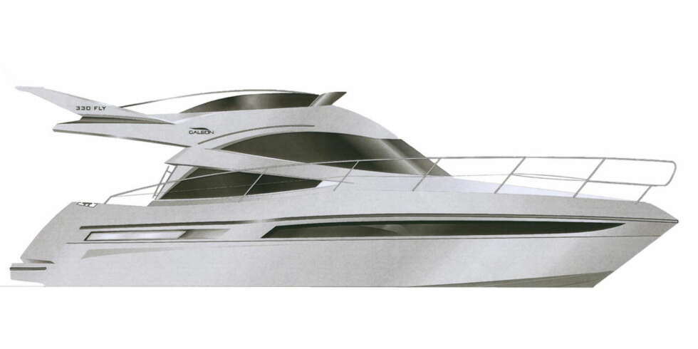 De første skissene av Galeon 340 Fly viser en båt med moderne flybridgedesign. De første skissene av Galeon 340 Fly viser en båt med moderne flybridgedesign.