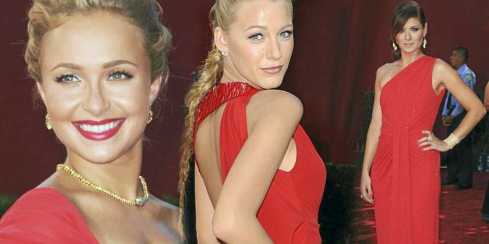 RØDT: Det gikk i mye rødt på den røde løperen. Her ser vi, fra venstre, Hayden Panettiere, Blake Lively og Debra Messing. RØDT: Det gikk i mye rødt på den røde løperen. Her ser vi, fra venstre, Hayden Panettiere, Blake Lively og Debra Messing.